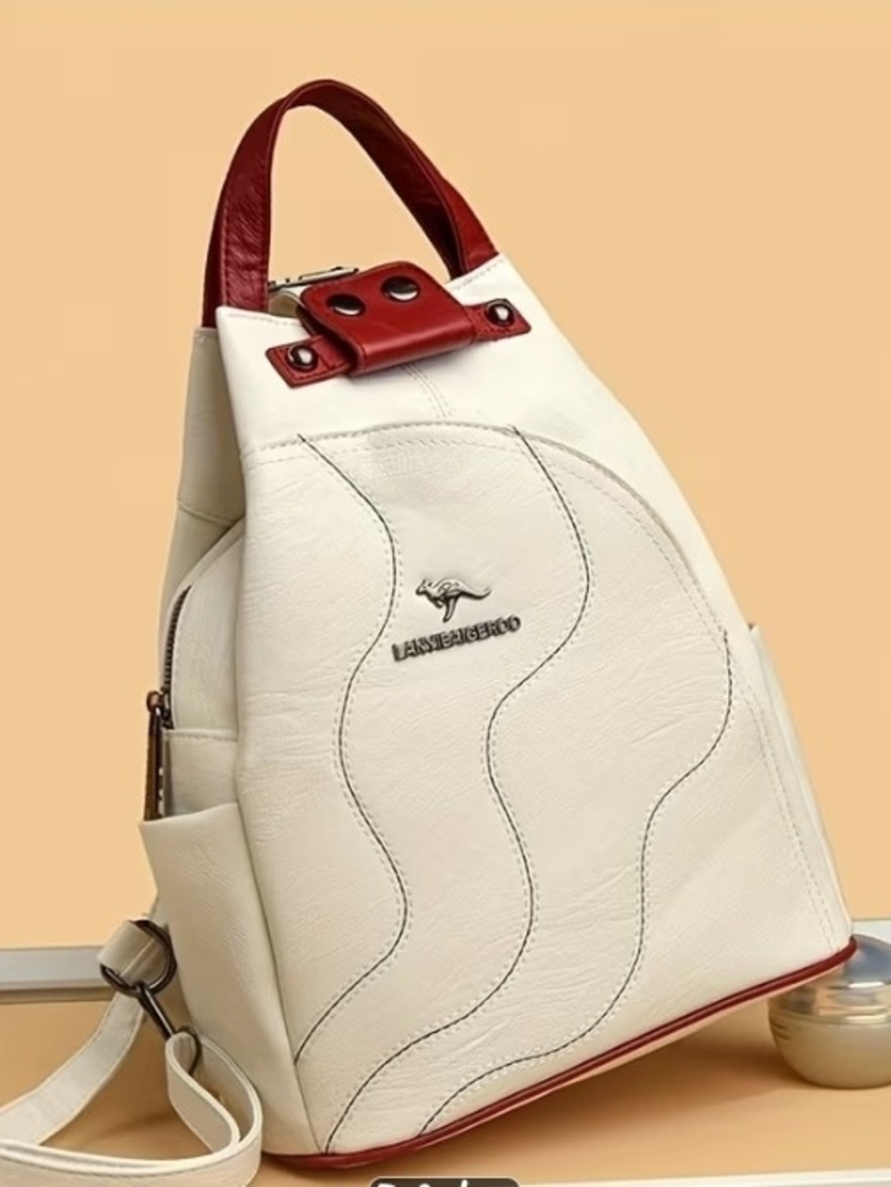 Cream & Red Leatherette Women's Backpack Tote